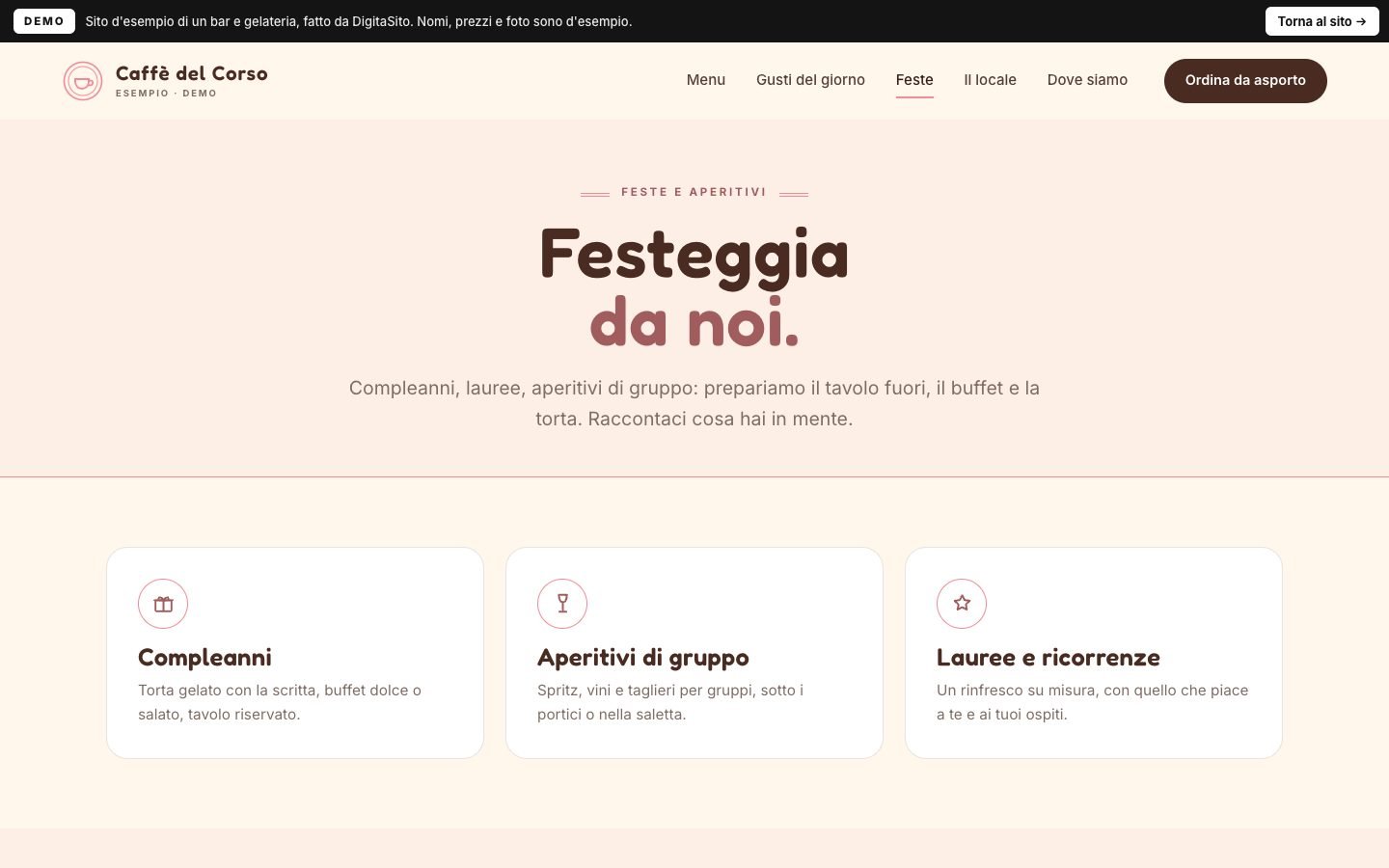 Schermata della demo: Feste e aperitivi